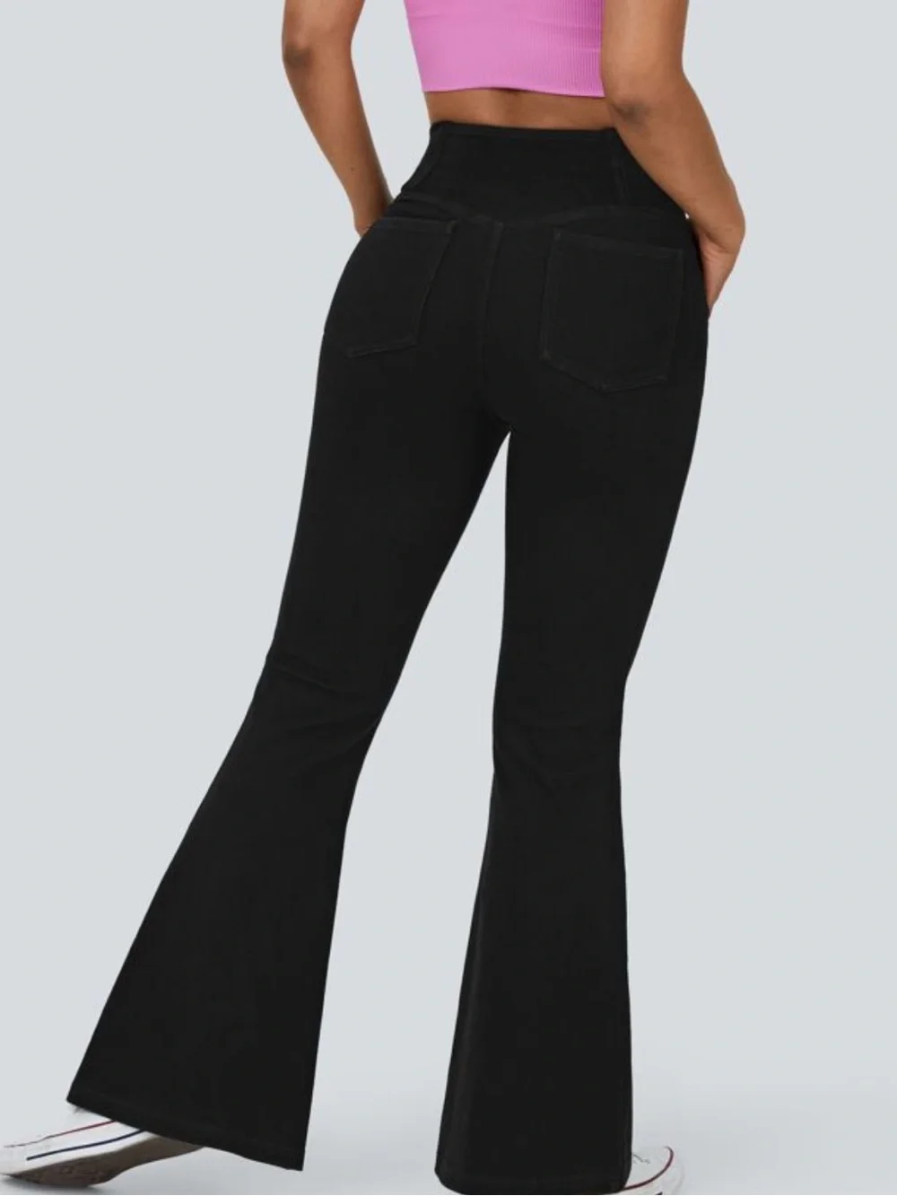 Halara Flex Black Denim Asymmetrical Waist Flare Jeans NWT L Tall